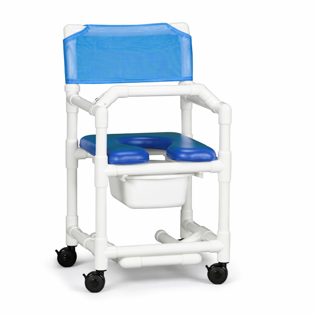 The IPU Rolling Shower Chair with Soft Seat, Footrest & Lap Bar features a blue padded U-shaped seat, blue mesh backrest, removable white bucket beneath, and durable PVC tubing for support.